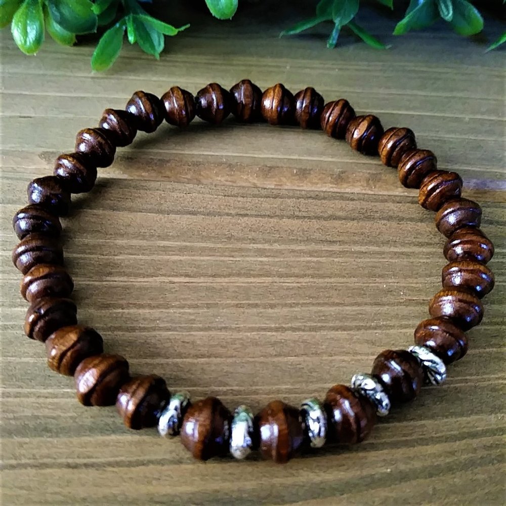 New Men's/Unisex Wood & Silver Beaded Bracelet - Picture 2 of 3